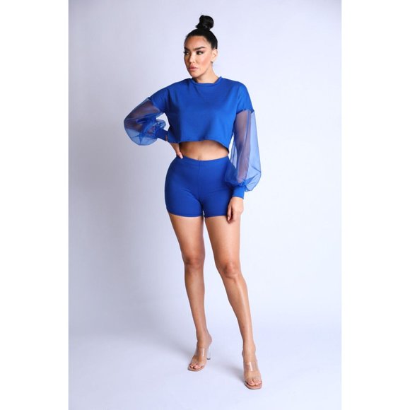 Women's Casual Crew Neck Organza Puff Sleeve Top & Elastic Waist Shorts 2Pcs Set - Picture 2 of 9